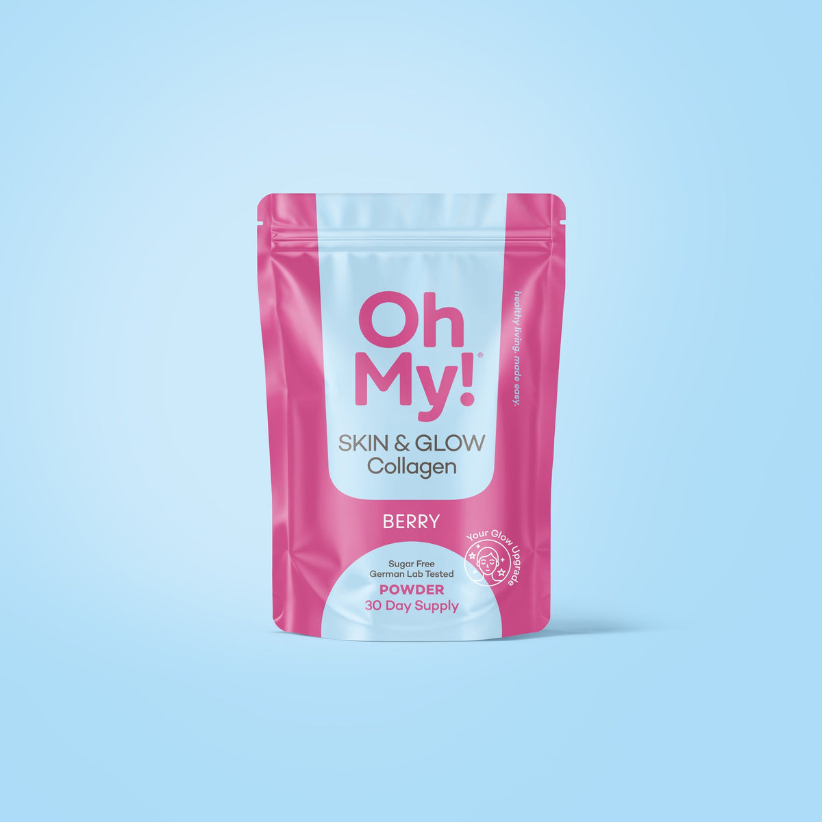 Skin & Glow Collagen Berry auf Sky-blauem Hintergrund