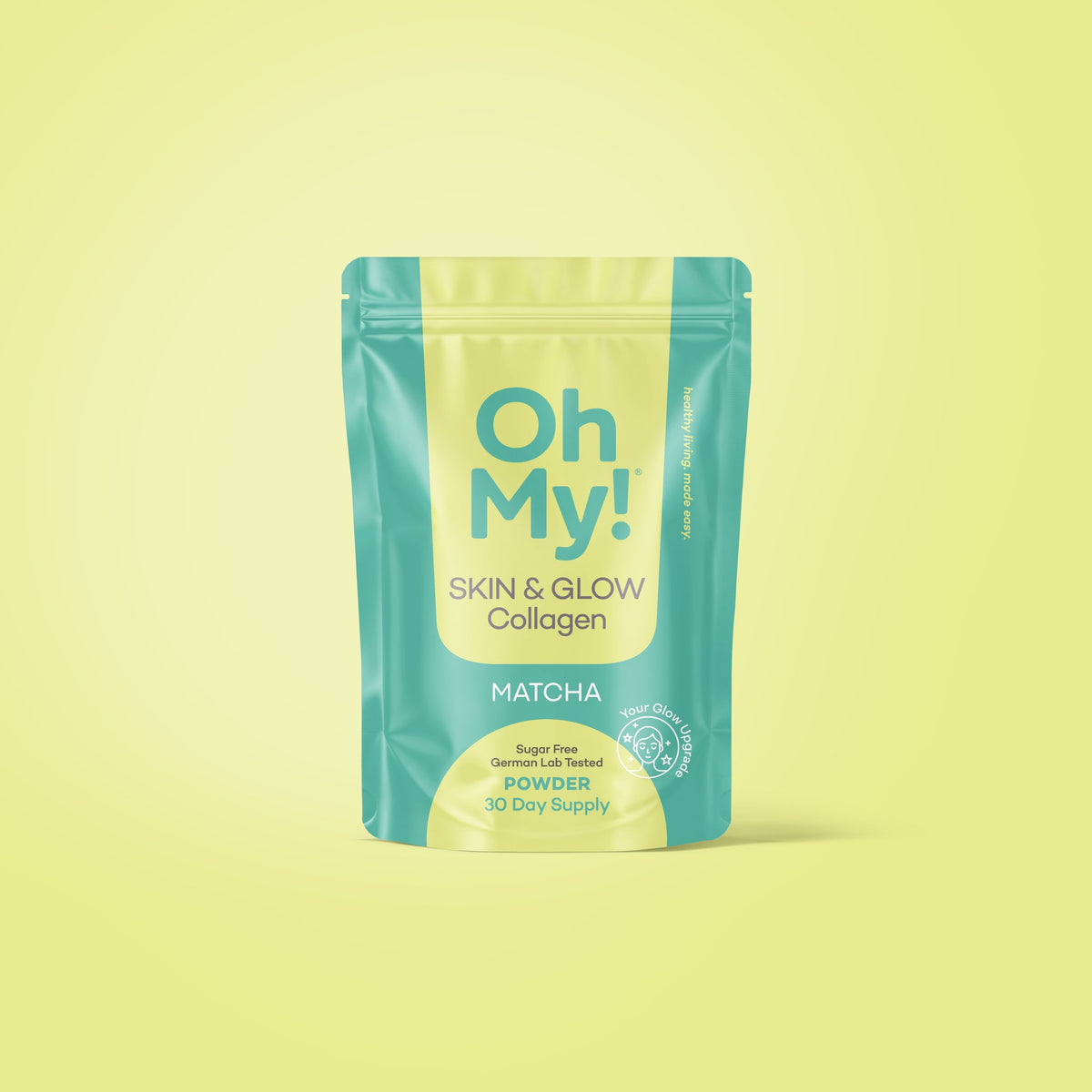 Skin & Glow Collagen Matcha auf gelbgrünem Hintergrund
